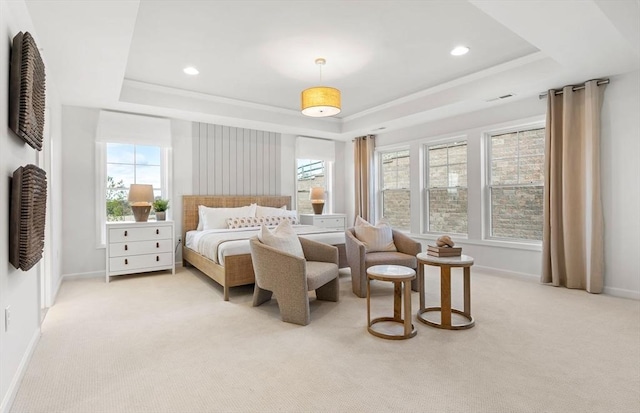 carpeted bedroom with a tray ceiling