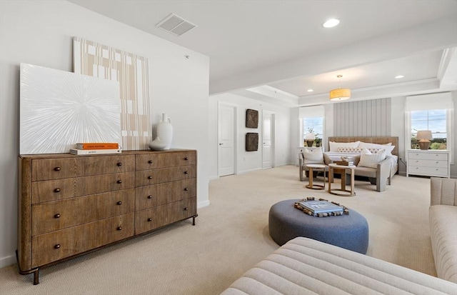 carpeted bedroom featuring a raised ceiling