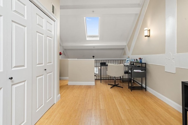 28 Broad St Unit 205, Marlborough, MA 01752 - office area featuring a skylight, wood finished floors, and baseboards