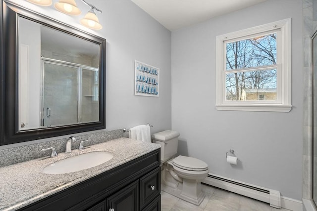 bathroom with toilet, baseboard heating, a shower stall, vanity, and baseboards