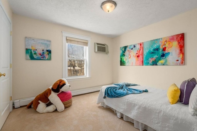 bedroom with carpet, a wall mounted AC, a textured ceiling, and a baseboard radiator