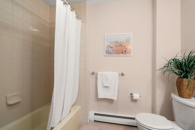 full bath featuring toilet, a baseboard radiator, and shower / bath combo