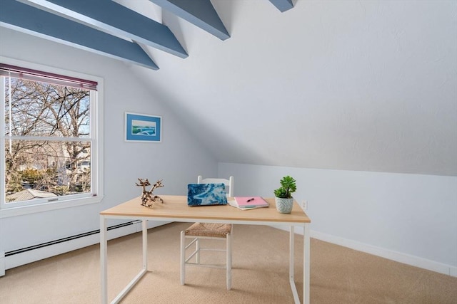 home office featuring a baseboard heating unit, carpet floors, a wealth of natural light, and vaulted ceiling with beams