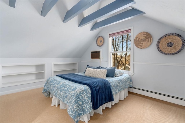 carpeted bedroom with lofted ceiling with beams, baseboard heating, and a wall unit AC