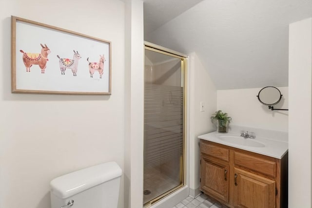 bathroom featuring vaulted ceiling, toilet, a stall shower, and vanity