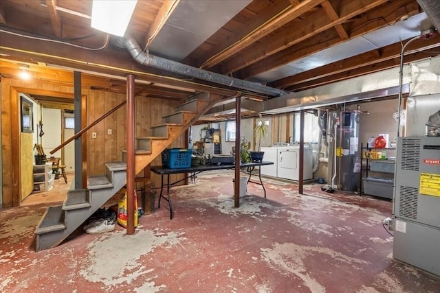 115 Winter St, Whitman, MA 02382 - below grade area featuring water heater, washing machine and dryer, and stairway