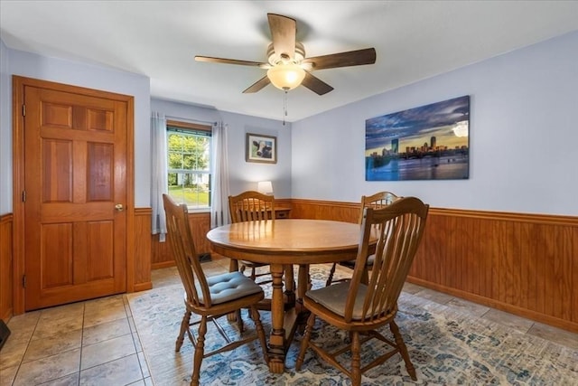 115 Winter St, Whitman, MA 02382 - dining space featuring wainscoting, wood walls, a ceiling fan, and light tile patterned floors