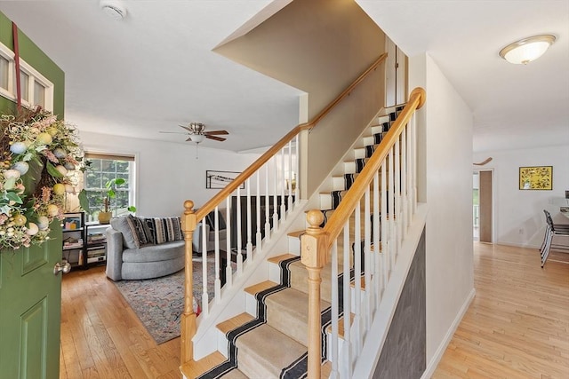 38 Phyllis Ln, Greenfield, MA 01301 - staircase featuring a ceiling fan, hardwood / wood-style flooring, and baseboards