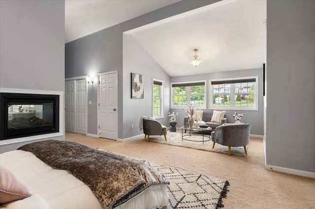 4 Patriots Blvd Unit 4, Hopkinton, MA 01748 - carpeted bedroom featuring baseboards, two closets, a multi sided fireplace, and high vaulted ceiling