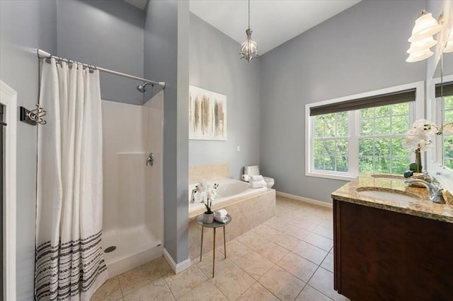 4 Patriots Blvd Unit 4, Hopkinton, MA 01748 - bathroom featuring a garden tub, a shower with curtain, vanity, baseboards, and tile patterned flooring