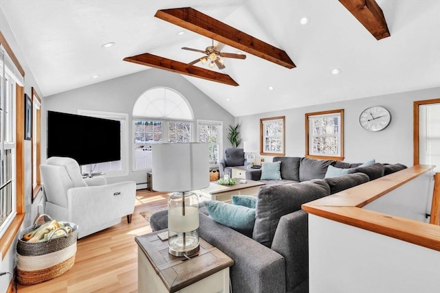 living room with lofted ceiling with beams, ceiling fan, light wood-type flooring, and baseboard heating