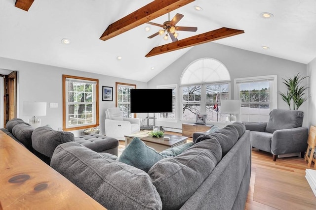 living room featuring lofted ceiling with beams, ceiling fan, light hardwood / wood-style floors, and baseboard heating