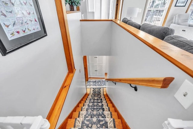 stairway with hardwood / wood-style flooring