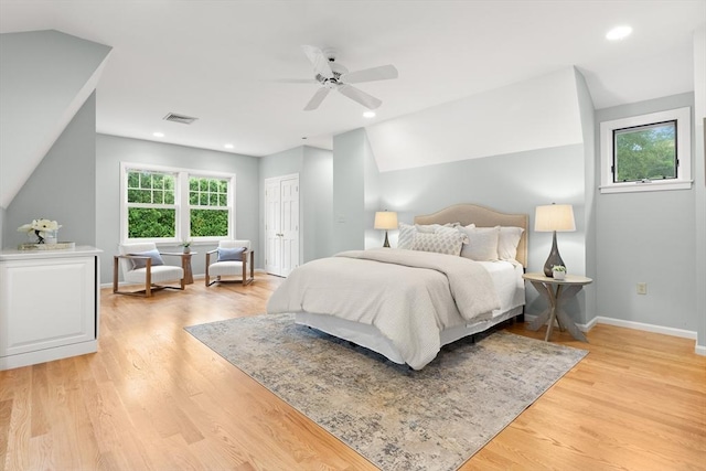 9 Twig Rush Ln, West Newbury, MA 01985 - bedroom featuring light wood-style floors, a ceiling fan, recessed lighting, and a closet