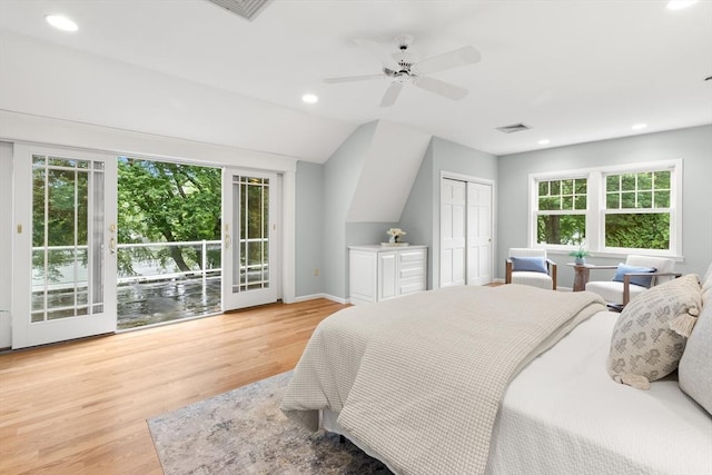 9 Twig Rush Ln, West Newbury, MA 01985 - bedroom with multiple windows, access to exterior, light wood-style floors, recessed lighting, and vaulted ceiling
