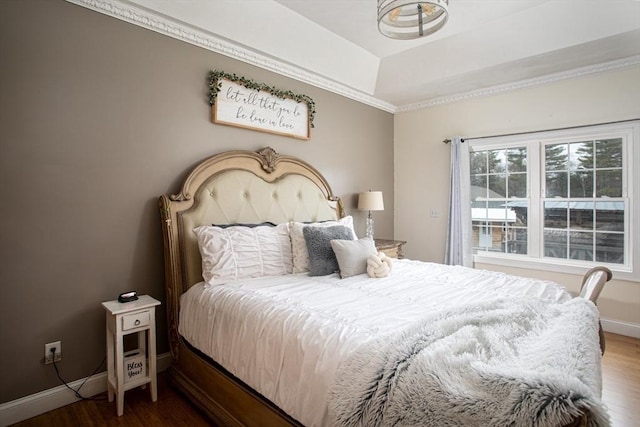 bedroom featuring baseboards, wood finished floors, and a raised ceiling