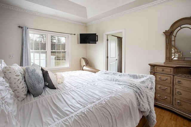 bedroom with wood finished floors and a raised ceiling