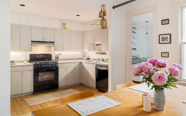 8 Oak St Unit 8, Cambridge, MA 02139 - kitchen with black appliances, under cabinet range hood, light wood-style floors, light countertops, and plenty of natural light