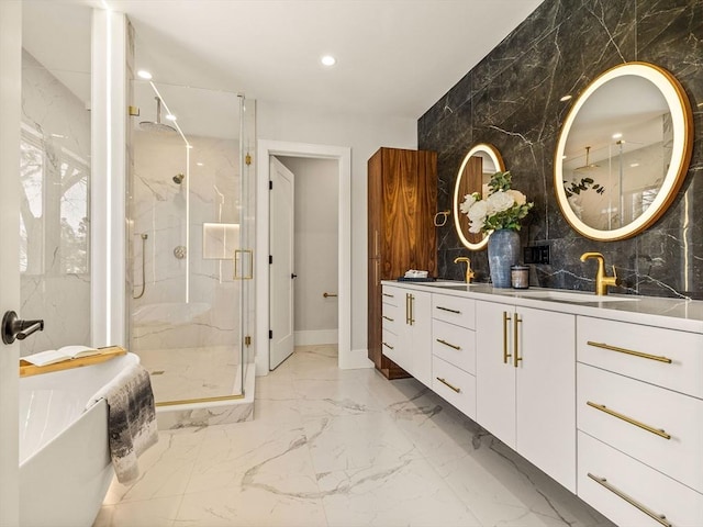 bathroom with separate shower and tub, decorative backsplash, and vanity