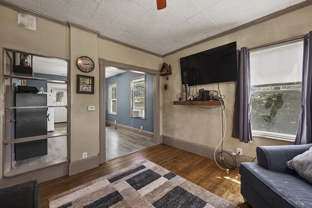 42 Briggs Ave, Pittsfield, MA 01201 - living area with ornamental molding, wood finished floors, ceiling fan, baseboards, and cooling unit