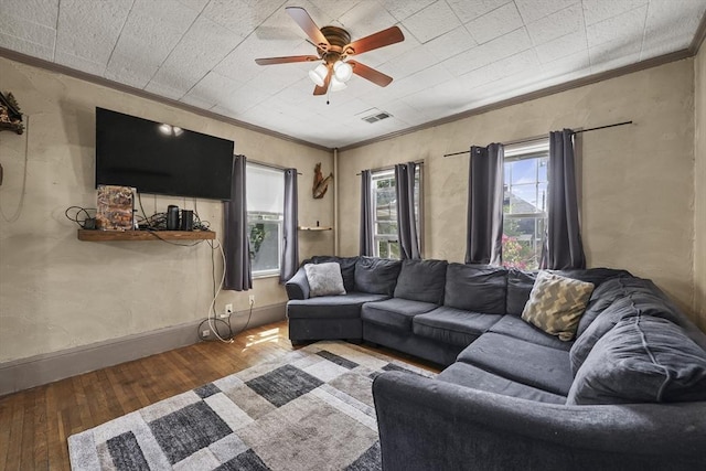 42 Briggs Ave, Pittsfield, MA 01201 - living area featuring ornamental molding, plenty of natural light, wood-type flooring, and ceiling fan