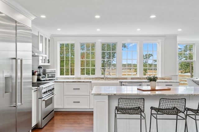 kitchen with premium appliances, plenty of natural light, and white cabinetry