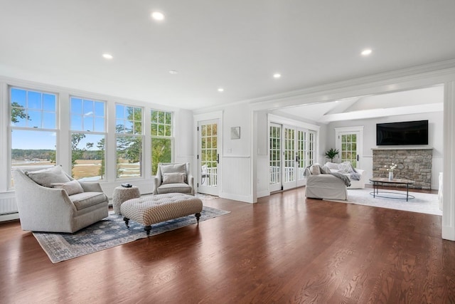 living room featuring a fireplace, ornamental molding, dark hardwood / wood-style flooring, and a wealth of natural light