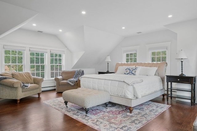 bedroom featuring vaulted ceiling, baseboard heating, dark hardwood / wood-style flooring, and multiple windows