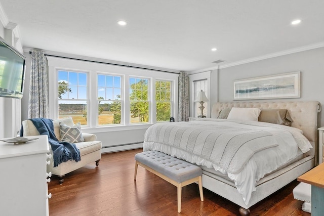 bedroom with crown molding, a baseboard radiator, and dark hardwood / wood-style flooring