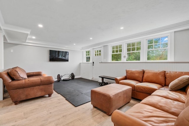 living room with light hardwood / wood-style floors, crown molding, and a healthy amount of sunlight