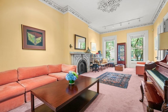 66 Rutland St, Boston, MA 02118 - living area with carpet floors, a fireplace, and track lighting