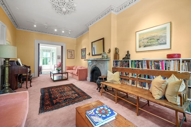 66 Rutland St, Boston, MA 02118 - carpeted living area with rail lighting, a fireplace, and ornamental molding