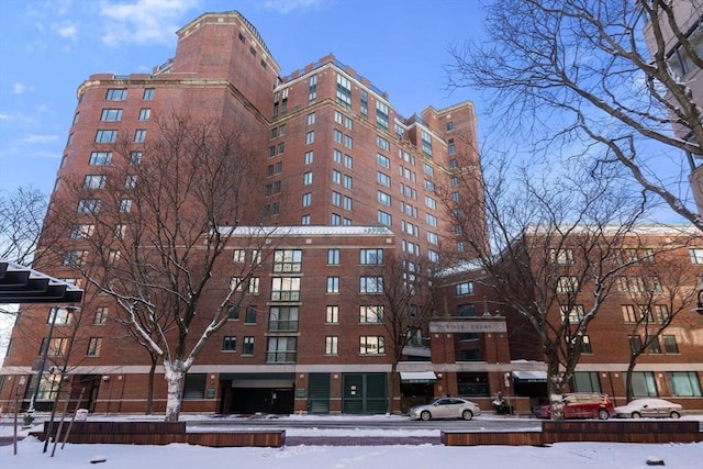 view of snow covered building