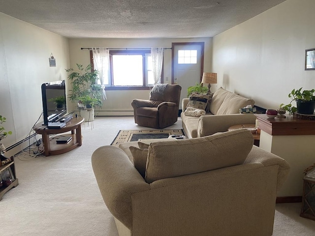 carpeted living room with a baseboard radiator, a textured ceiling, and baseboard heating