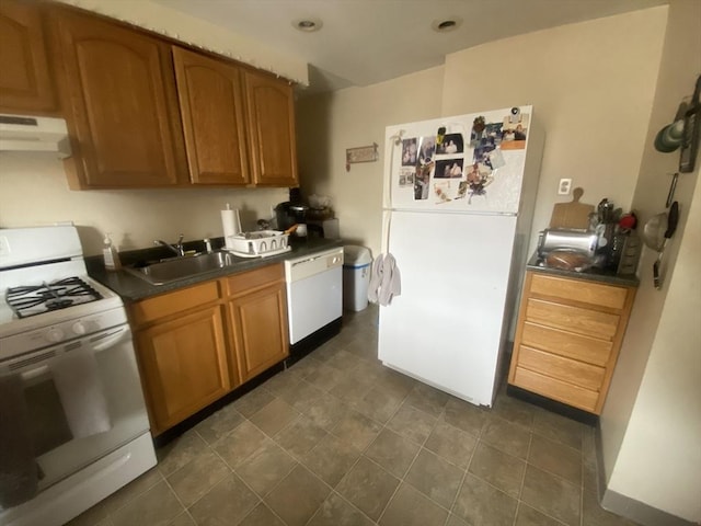 kitchen featuring dark countertops, brown cabinetry, a sink, white appliances, and under cabinet range hood