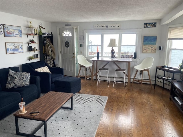 living room featuring a textured ceiling and wood finished floors