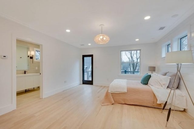 bedroom with recessed lighting, visible vents, light wood-style flooring, and baseboards