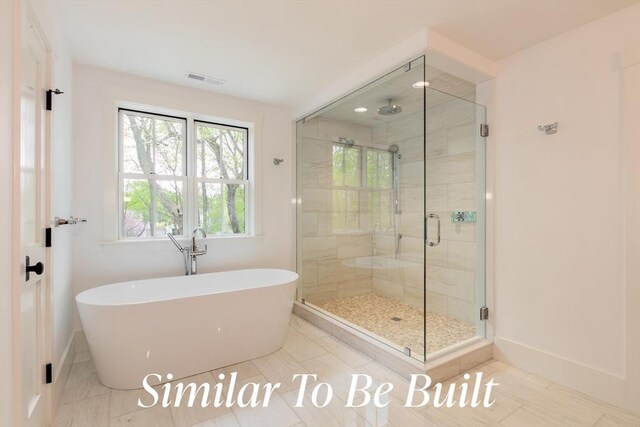full bathroom with baseboards, a soaking tub, visible vents, and a shower stall