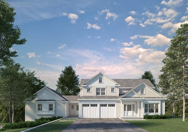 view of front of home with an attached garage, concrete driveway, and a front yard