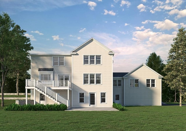 back of house with a lawn, stairs, a patio area, and a wooden deck