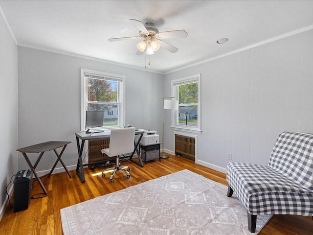 114 Hobart St, Braintree, MA 02184 - office space featuring wood finished floors, a ceiling fan, crown molding, baseboards, and radiator heating unit