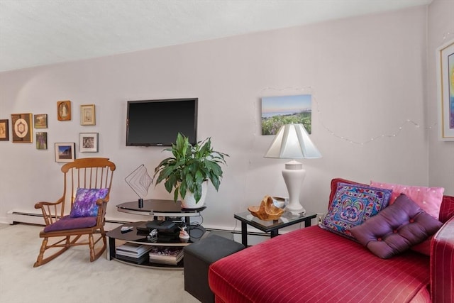 living area featuring carpet flooring and baseboard heating