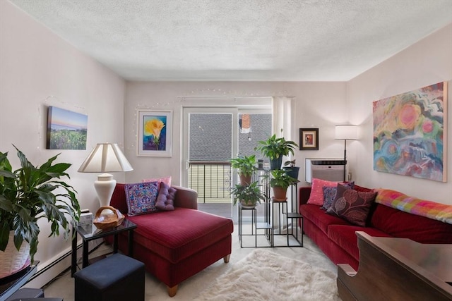 living area featuring carpet floors, a wall mounted air conditioner, a baseboard radiator, and a textured ceiling