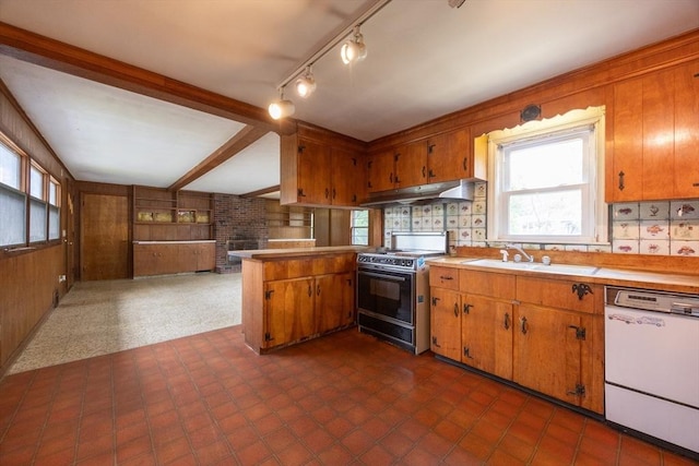 23 Crescent Ave, North Attleboro, MA 02760 - kitchen with white dishwasher, under cabinet range hood, electric range, open floor plan, and brown cabinetry
