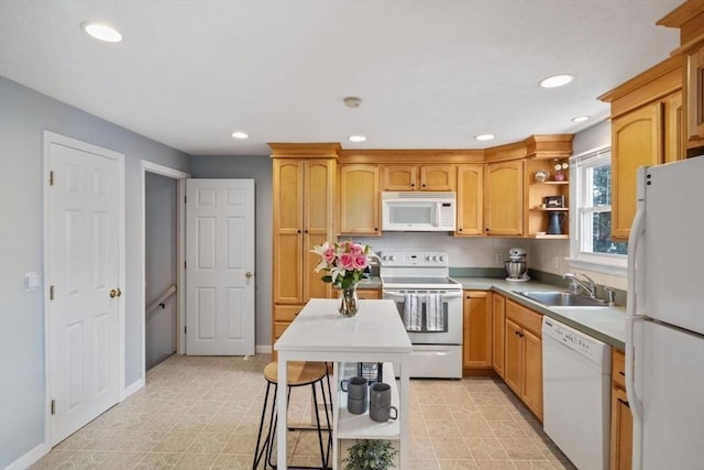 kitchen featuring open shelves, recessed lighting, a sink, white appliances, and baseboards