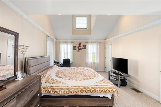 bedroom with baseboards, visible vents, light colored carpet, and lofted ceiling