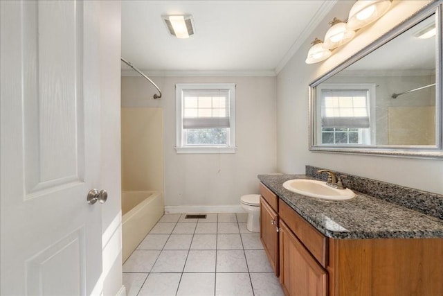 bathroom featuring tile patterned flooring, vanity, toilet, ornamental molding, and tub / shower combination