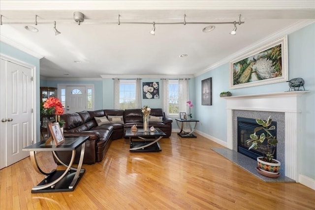 living area with baseboards, ornamental molding, a fireplace with flush hearth, and wood finished floors