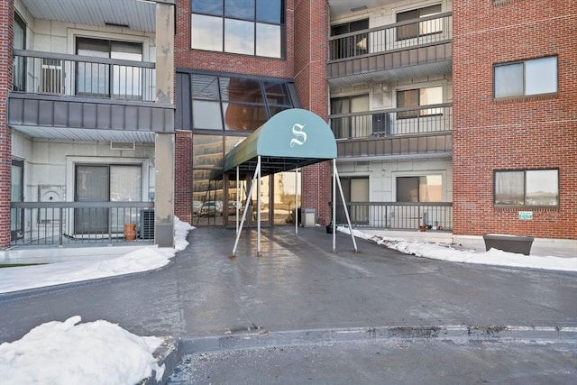 view of snow covered building