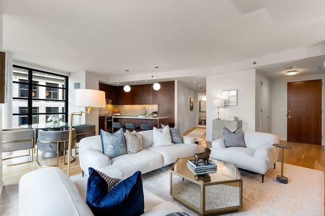 living room featuring sink and light hardwood / wood-style flooring